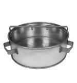 A round stainless steel strainer akin to the Justrite Basket F/Dip27603 showcases two handles, a perforated bottom, and a horizontal metal bar integrated into the handle structure, reflecting designs from the Wash27712 collection.