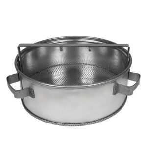 A round stainless steel strainer akin to the Justrite Basket F/Dip27603 showcases two handles, a perforated bottom, and a horizontal metal bar integrated into the handle structure, reflecting designs from the Wash27712 collection.