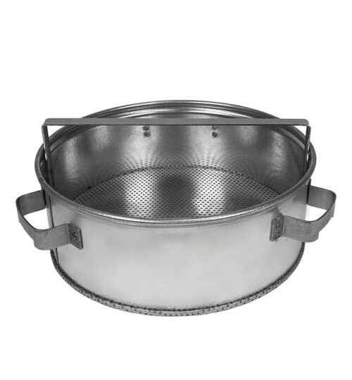 A round stainless steel strainer akin to the Justrite Basket F/Dip27603 showcases two handles, a perforated bottom, and a horizontal metal bar integrated into the handle structure, reflecting designs from the Wash27712 collection.