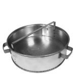 The Justrite Basket (models F/Dip27605 & Wash27713) is a round, silver metal sieve with two handles, a mesh bottom, and a central vertical divider for enhanced functionality.
