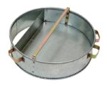 Introducing the Justrite Basket F/Dip27608 & Wash27716, a round metal sifter with a perforated mesh bottom, divided by a central metal partition and featuring two side handles for easy dip sifting and washing.