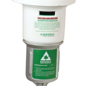 The Hieff Comb Clscr Justrite Filter from Aerslv boasts a sleek white and silver design with a green recycling symbol. Its cylindrical shape widens at the top, displaying an adsorption indicator and essential text, merging style with functionality.