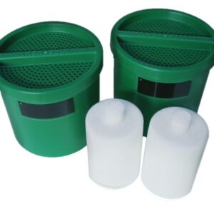 Two green, round containers with perforated lids are labeled Justrite Filter, Hieff Crb/Clscr, 2Pk, Aer, accompanied by two cylindrical white items, creating a functional or collectible set for enthusiasts of Hieff Crb/Clscr design.