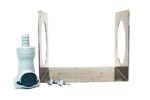 The Justrite Wall Bracket, Poly Cnct F/Hplc features a metal design with dual circular cutouts on each end, a white plastic nozzle, and two small screws against a plain white background, perfect for various applications.