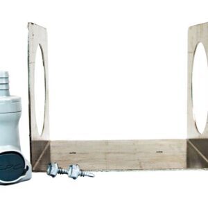 The Justrite Wall Bracket, Poly Cnct F/Hplc features a metal design with dual circular cutouts on each end, a white plastic nozzle, and two small screws against a plain white background, perfect for various applications.