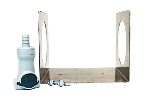 The Justrite Wall Bracket, Poly Cnct F/Hplc features a metal design with dual circular cutouts on each end, a white plastic nozzle, and two small screws against a plain white background, perfect for various applications.