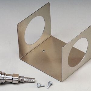 A Justrite Wall Bracket with two upright panels featuring circular cutouts is accompanied by an Ss Cnct F/Hplc connector and three small screws against a light background.