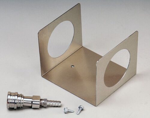 A Justrite Wall Bracket with two upright panels featuring circular cutouts is accompanied by an Ss Cnct F/Hplc connector and three small screws against a light background.