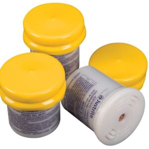 Three cylindrical containers from the Justrite Filter, Carb Replcmt, HPLC, 3/Pk set feature bright yellow lids against a white background. The labeled containers are displayed tilted, highlighting their tops and sides. Theyre perfect for HPLC applications, offering precision and quality.