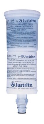 A white Justrite Filter cartridge, featuring blue text and labeled as a combination filter, includes model numbers and manufacturing details. It has a metal connector at the bottom and is ideal for precise HPLC applications.