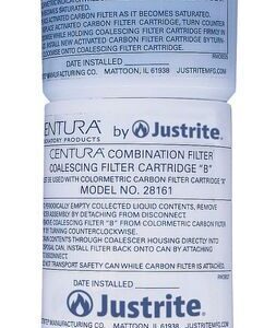 A white Justrite Filter cartridge, featuring blue text and labeled as a combination filter, includes model numbers and manufacturing details. It has a metal connector at the bottom and is ideal for precise HPLC applications.
