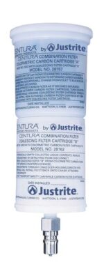 Image of a Justrite Filter,Carb,Hplc,W/Ss Discnct with two vertical cylindrical cartridges. The bottom cartridge, vital for carb applications, has detailed text labels and connects to a metal attachment using a W/Ss Discnct.