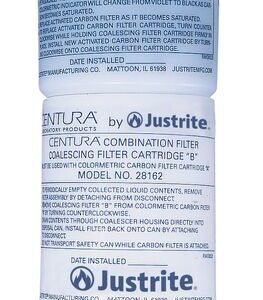 Image of a Justrite Filter,Carb,Hplc,W/Ss Discnct with two vertical cylindrical cartridges. The bottom cartridge, vital for carb applications, has detailed text labels and connects to a metal attachment using a W/Ss Discnct.