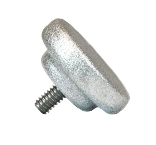 A silver, metal thumb screw with a textured grip and short threaded section similar to the Justrite Knob, Slide, Aerosolv System, displayed on a white background.