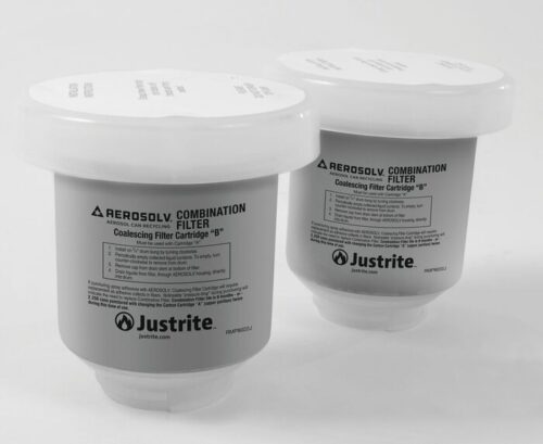 Displayed on a white background, the Aerslv coalescing filters come in a 2Pk set from Justrite Filter. Labeled Noclr Crtrdg, these gray cartridges have white tops with detailed printed information and logos prominently visible on the front.