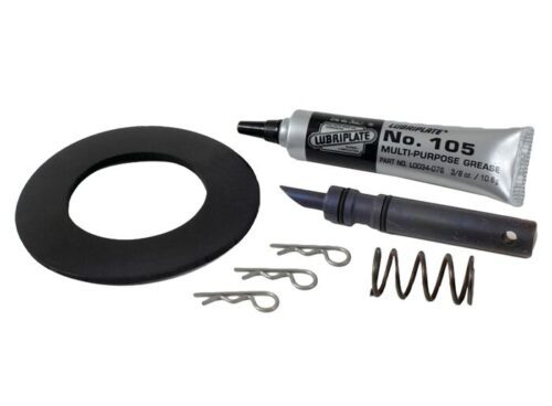 The Justrite Repair Kit, Maint, 5165Ex, Aerslv comprises Lubriplate No. 105 grease, a black rubber washer, a pointed metal rod, a coiled spring, and three metal clips set against a white backdrop—ideal for all your maintenance needs.