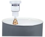 A gray drum with a Justrite Vent, Drum, Aerovnt 2 Bung featuring an air-activated vent on the flat white lid; its white body and clear cap contrast beautifully against the gray exterior.