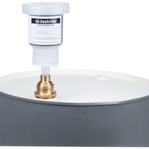 A gray drum with a Justrite Vent, Drum, Aerovnt 2 Bung featuring an air-activated vent on the flat white lid; its white body and clear cap contrast beautifully against the gray exterior.