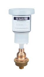The Justrite Vent, Drum, Aerovnt 3/4 Bung features a white top and brass base, designed for chemical drum ventilation and safety.