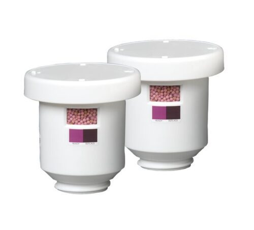 The Justrite Filter, Clr Cartrdg, 2Pk, Aersolv set includes two white cylindrical filters with clear sections showing pink pellets. Each filter has a flat top labeled READY and REPLACE for easy maintenance and efficient status monitoring.
