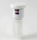 The Justrite Filter, Clr Combo, Aerosolv features a white desiccant container with a round top displaying pink beads and a humidity indicator; its elongated semi-transparent cylindrical bottom offers efficient storage.