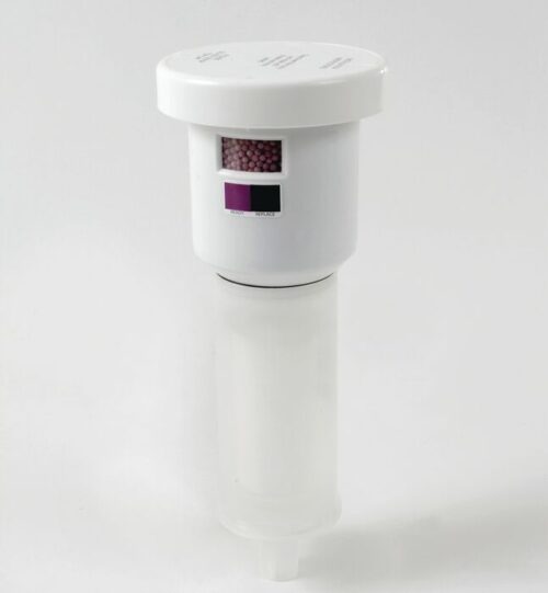 The Justrite Filter, Clr Combo, Aerosolv features a white desiccant container with a round top displaying pink beads and a humidity indicator; its elongated semi-transparent cylindrical bottom offers efficient storage.