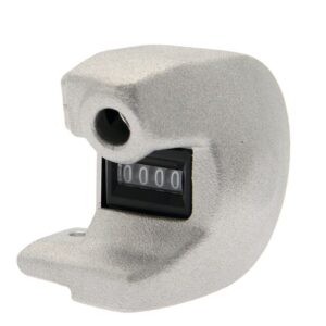 The Justrite Counter, a Dualcomp-Supr model from Aerosolv, is a sleek mechanical device with a curved metallic silver casing. Its black display shows 0000, featuring a circular hole at the top and an open section on the left side, blending functionality with style.