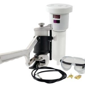 The Justrite Recycling Super Sys Aerosolv airbrush kit includes a metallic spray gun, cylindrical paint container, long black cord, safety goggles, and two golden nozzle attachments. Perfect for precision tasks, its quality components ensure reliable performance in every project.