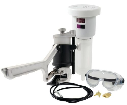 The Justrite Recycling Super Sys Aerosolv airbrush kit includes a metallic spray gun, cylindrical paint container, long black cord, safety goggles, and two golden nozzle attachments. Perfect for precision tasks, its quality components ensure reliable performance in every project.