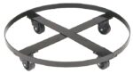 Introducing the Justrite Castor Dolly-Sngl Drm Col Ctr: This sleek black metal dolly features a circular frame with four caster wheels and X shaped intersecting bars for exceptional stability and support.