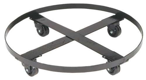 Introducing the Justrite Castor Dolly-Sngl Drm Col Ctr: This sleek black metal dolly features a circular frame with four caster wheels and X shaped intersecting bars for exceptional stability and support.