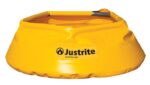 The yellow Justrite Pool, Pop-Up 20 Gal, features the Justrite logo and website on its side. Its crumpled look emphasizes its flexibility and pop-up design, offering a convenient 20-gallon solution for various needs.
