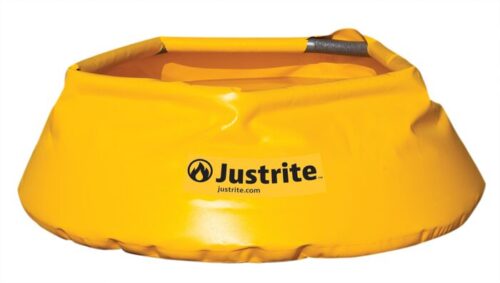 The yellow Justrite Pool, Pop-Up 20 Gal, features the Justrite logo and website on its side. Its crumpled look emphasizes its flexibility and pop-up design, offering a convenient 20-gallon solution for various needs.