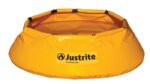 The Justrite Pool, Pop-Up 66 Gal is a yellow spill containment berm with black corners, designed to safely contain hazardous liquids. It features the Justrite brand name and flame logo in black text and has a 66-gallon capacity for reliable protection.