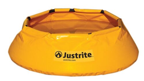 The Justrite Pool, Pop-Up 66 Gal is a yellow spill containment berm with black corners, designed to safely contain hazardous liquids. It features the Justrite brand name and flame logo in black text and has a 66-gallon capacity for reliable protection.