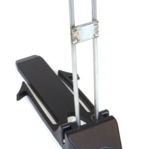 The 12 Justrite Repair Rigidloc Support Asy is a black and silver kickstand with a flat base and metal bracket, featuring sleek angular lines. It provides dependable stability for bicycles or motorcycles, shown on a white background—perfect for enthusiasts.