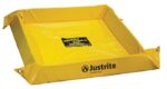 The yellow Justrite Spill Berm 2X2X4 features folded corners, a User responsible for chemical compatibility label, and the Justrite logo, ensuring safe containment with reliable construction.