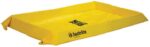 A yellow Justrite Spill Berm 2X4X4 containment tray with slightly raised edges is designed for spill control and includes a caution label inside.