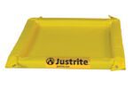 The yellow Justrite Spill Berm 2X2X2 has raised edges, Justrite and justrite.com on one side, and features visible corner grommets for secure fastening.