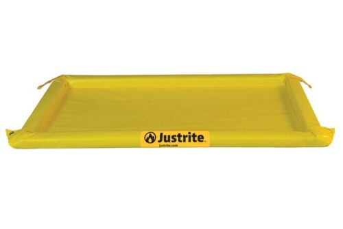 The Justrite Spill Berm 2X4X2 is a yellow spill containment solution with raised edges, featuring the Justrite logo and website for easy identification and efficient liquid spill management.