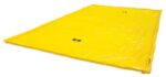 A vivid, large yellow tarp, similar to the Justrite Spill Berm 10X18X2, lies flat with a textured surface and reinforced edges. Black logos are printed on the white background, highlighting its vibrancy.