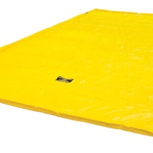 A vivid, large yellow tarp, similar to the Justrite Spill Berm 10X18X2, lies flat with a textured surface and reinforced edges. Black logos are printed on the white background, highlighting its vibrancy.