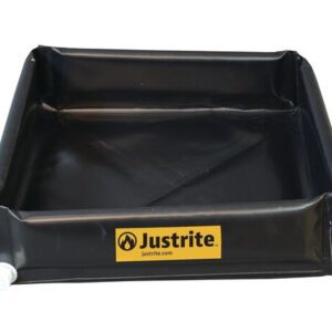 The Justrite Berm Mini Flex Tray 3X3X6 is a black plastic containment tray with a yellow label and white spout, designed for spill containment with raised edges on all sides for safety and efficiency.