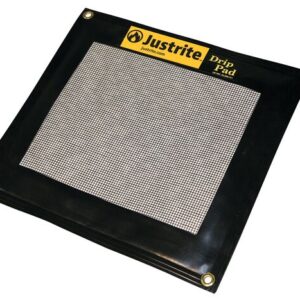 A Justrite Pad with a mesh center, black in color, features a yellow Justrite Drip Pad label in the corner and meets the Drip Standard 21X23.