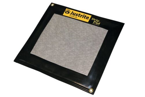 A Justrite Pad with a mesh center, black in color, features a yellow Justrite Drip Pad label in the corner and meets the Drip Standard 21X23.