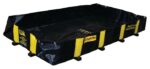The Foldable black Justrite Berm spill containment berm, with yellow accents and Justrite branding, features RigidLock Qb 4X8X12 corner supports for stability. Designed to capture leaks or spills, its perfect for industrial or environmental settings.