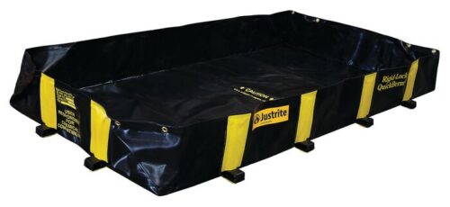 The Foldable black Justrite Berm spill containment berm, with yellow accents and Justrite branding, features RigidLock Qb 4X8X12 corner supports for stability. Designed to capture leaks or spills, its perfect for industrial or environmental settings.