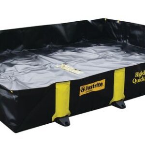 The Justrite Berm, Rigidlock Qb 6X8X12, is a black and yellow collapsible containment berm featuring raised edges and Rapid-Lock QuickBerm on its sides, designed for effective spill control.