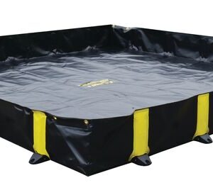 A large black spill containment berm with rigid corners and yellow accents showcases the Eagle Spill Containment brand. Like the Justrite Berm, Rigidlock Qb 10X10X12, its rectangular design and flexible liner ensure effective liquid containment.