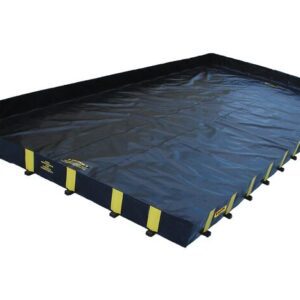 A black and yellow Justrite Berm, Ridglock Qb 12X28X12, is shown with raised edges to contain spills and prevent leakage, made of durable, waterproof material.